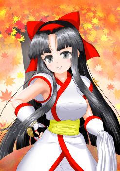 1girl absurdres ainu_clothes autumn_leaves black_eyes black_hair breasts cloak fingerless_gloves gloves hair_ribbon highres large_breasts leaf legs long_hair looking_at_viewer nakoruru pants ribbon samurai_spirits smile snk the_king_of_fighters thighs weapon