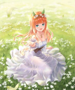Rule 34 | 1girl, absurdres, animal ears, bare shoulders, blue eyes, blunt bangs, blush, breasts, brown corset, cleavage, collarbone, commentary request, corset, dress, ear covers, flower, flower hairband, grass, hair flower, hair ornament, highres, hime cut, horse ears, horse girl, horse tail, isaka cat, jewelry, long hair, long sleeves, looking at viewer, medium breasts, necklace, off-shoulder dress, off shoulder, open mouth, orange hair, orange tail, outdoors, silence suzuka (umamusume), sitting, smile, solo, tail, umamusume, white dress, yokozuwari
