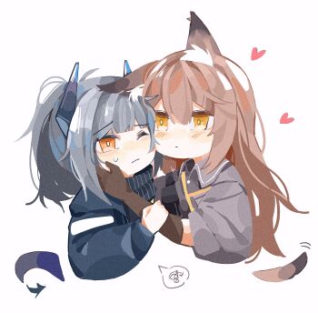 Rule 34 | 2girls, absurdres, animal ears, arknights, black gloves, black scarf, black shirt, blouse, blue jacket, brown hair, cheek-to-cheek, collared shirt, dragon girl, dragon horns, dragon tail, fox ears, fox girl, fox tail, franka (arknights), gloves, grey hair, haobuguniao, heads together, heart, highres, horns, hug, jacket, liskarm (arknights), motion lines, multiple girls, one eye closed, orange eyes, ponytail, scarf, shirt, simple background, speech bubble, spoken squiggle, squiggle, sweatdrop, tail, upper body, white background, yuri