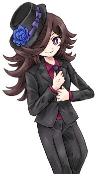 1girl adjusting_clothes adjusting_necktie black_suit brown_hair flower_in_hat formal_clothes fran_(arachnos) hair_over_one_eye highres kicdon long_hair necktie nintendo original pokemon pokemon_infinite_fusion purple_eyes purple_ribbon ribbon smile suit trilby