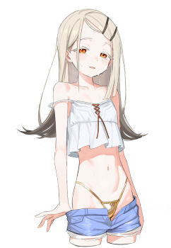 1girl absurdres bikini blue_shorts blush camisole clothes_pull denim denim_shorts gakuen_idolmaster gold_bikini golden_week hair_ornament hairclip highres idolmaster long_hair looking_at_viewer navel off_shoulder orange_eyes shenqi_xiaohuang shinosawa_hiro shorts shorts_pull simple_background solo stomach sweat swimsuit thighs white_background white_camisole