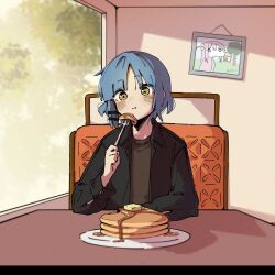 Rule 34 | 1girl, ahoge, alternate costume, black jacket, black shirt, blue hair, bocchi the rock!, booth seating, butter, chewing, collared jacket, commission, cube hair ornament, eating, food, food in mouth, fork, gotoh hitori, hair ornament, hairclip, highres, holding, holding food, holding fork, jacket, long hair, looking at viewer, machuuu68, medium hair, mole, mole under eye, open clothes, open jacket, painting (object), pancake, pancake stack, picture frame, pink hair, pink track suit, restaurant, shirt, side ahoge, sitting, track suit, yamada ryo, yellow eyes