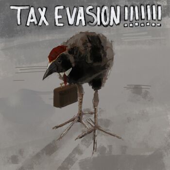 animal_focus animalization bird briefcase collar detached_collar english_text grey_background hatsburg headgear highres holding holding_briefcase kokutenshi_hibaru large_feet len&#039;en meme meme_request necktie no_humans parody realistic red_necktie shadow white_collar