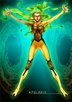 10s 1girl bad_id bad_pixiv_id character_name female_focus glasses green_eyes green_hair long_hair m-yamamura marvel matching_hair/eyes open_mouth polaris_(x-men) solo wavy_hair x-men