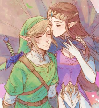 1boy 1girl blonde_hair blush brown_hair cape closed_eyes closed_mouth commentary couple dress elbow_gloves english_commentary gloves green_hat green_tunic hair_tubes hat hetero kiss link long_hair lylatspace master_sword nintendo pointy_ears princess_zelda short_hair sword sword_on_back the_legend_of_zelda the_legend_of_zelda:_twilight_princess tiara tunic weapon weapon_on_back white_gloves