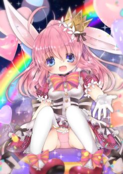 Rule 34 | ahoge, animal ears, apron, artist name, ass, balloon, black ribbon, black sash, blue eyes, boots, bow, bowtie, crown, dress, emil chronicle online, frilled apron, frills, gloves, heart balloon, highres, looking at viewer, minnie doe alma, open mouth, outstretched arm, panties, pantyshot, pink bow, pink dress, pink hair, pink panties, ponytail, rabbit ears, rabbit girl, rainbow background, red boots, ribbon, sash, satsuki atan, signature, thighhighs, two-tone sash, underwear, white apron, white gloves, white sash, white thighhighs