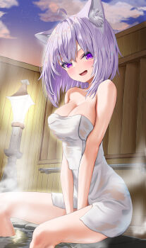 1girl ahoge animal_ears bare_arms bare_shoulders between_legs blush breasts cat_ears cat_girl cleavage cloud collarbone commentary_request hand_between_legs highres hololive large_breasts looking_at_viewer medium_hair naked_towel nekomata_okayu onsen open_mouth outdoors purple_eyes smile solo towel virtual_youtuber yuno_usagi