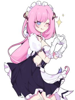 1girl ;p apron black_dress black_horns breasts chinese_commentary commentary_request diamond-shaped_pupils diamond_(shape) dress dtvtb elf elysia_(honkai_impact) elysia_(miss_pink)_(honkai_impact) elysia_(miss_pink_elf)_(honkai_impact) fake_horns four-finger_heart_hands gloves heart heart_hands highres honkai_(series) honkai_impact_3rd horns licking_lips long_hair looking_at_viewer maid maid_apron medium_breasts official_alternate_costume one_eye_closed pink_hair pointy_ears simple_background solo symbol-shaped_pupils thighs tongue tongue_out very_long_hair white_apron white_background white_gloves