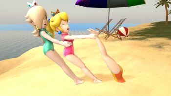3girls beach bikini blonde_hair breasts crown earrings hair_over_one_eye inugami-ke_no_ichizoku_pose jewelry legs long_hair mario_(series) multiple_girls nintendo non-web_source ponytail princess_daisy princess_daisy_(gymnastics) princess_peach princess_peach_(gymnastics) pulling rosalina rosalina_(gymnastics) sand stuck swimsuit umbrella water