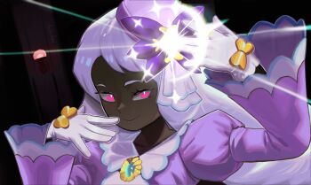 1girl absurdres arm_up audrahni bright_pupils brooch dark-skinned_female dark_skin dress gloves glowing glowing_gem half-closed_eyes hand_to_own_mouth hand_up highres indoors jacinthe_(pokemon) jewelry juliet_sleeves long_hair long_sleeves looking_at_viewer mega_stone nintendo pokemon pokemon_legends:_z-a portrait puffy_sleeves purple_dress smile solo sparkle very_dark_skin white_pupils
