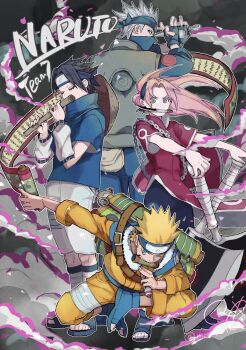 1girl 3boys bandaged_leg bandages bike_shorts black_hair black_shirt blonde_hair blue_eyes blue_hairband blue_headband blue_shirt breasts chain closed_eyes copyright_name dress facial_mark fingerless_gloves flute full_body furrowed_brow gloves green_eyes green_vest grey_hair hairband haruno_sakura hatake_kakashi headband highres instrument jumpsuit knife_in_mouth kunai long_hair mask medium_breasts miwokirihana mouth_mask multiple_boys music naruto_(classic) naruto_(series) one_eye_closed open-toe_shoes orange_jumpsuit parted_bangs pelvic_curtain pink_hair playing_flute playing_instrument red_dress scroll shirt short_hair short_sleeves shorts shorts_under_dress sign smoke spiked_hair standing team_7_(naruto) twitter_username uchiha_sasuke uzumaki_naruto vest weapon whisker_markings white_arm_warmers white_shorts