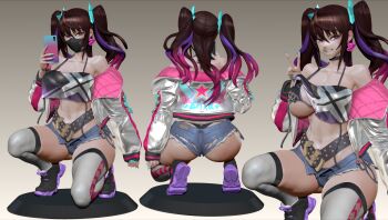 1girl 3d belt bikini breasts brown_eyes brown_hair cellphone choker clothes_lift earrings g-string gradient_background hair_ornament heart heart_earrings highres jacket jewelry kneeling kuramoto_erika large_breasts leslyzerosix long_hair looking_at_viewer mahou_shoujo_(raita) mask multicolored_hair nail_polish phone shirt_lift shorts smartphone smile solo squatting strapless swimsuit thighhighs thong torn_clothes torn_shorts tube_top twintails two-tone_hair v