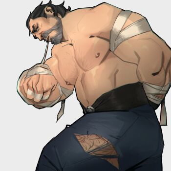 1boy arcane:_league_of_legends bandage_in_mouth bandaged_arm bandaged_wrist bandages bara beard chest_hair chris_sdd connected_beard facial_hair grey_hair highres league_of_legends male_focus mature_male muscular muscular_male nipples pants pectorals short_hair strongman_waist topless_female topless_male torn_clothes torn_pants vander_(arcane) wrapping