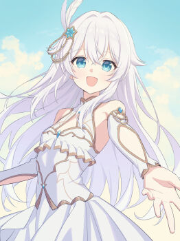 1girl :d above-cleavage_cutout agata_(agatha) armpit_crease bare_shoulders blue_eyes blue_gemstone blue_sky borrowed_character breasts clothing_cutout cloud commission corset cowboy_shot crossed_bangs day detached_sleeves double-parted_bangs feather_hair_ornament feathers gem gold_trim hair_flaps hair_jewelry hair_ornament halterneck happy highres long_hair long_skirt long_sleeves looking_at_viewer looking_to_the_side mandarin_collar open_hand open_mouth original outdoors outstretched_arm reaching reaching_towards_viewer second-party_source sidelocks skeb_commission skirt skirt_set sky small_breasts smile solo standing very_long_hair white_corset white_hair white_skirt