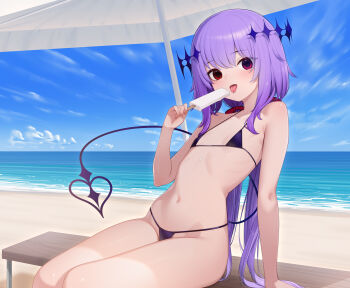 1girl beach bench blue_sky cloud commentary_request commission day echorin-p flat_chest food hair_ribbon halo highres holding holding_food holding_popsicle indie_virtual_youtuber looking_at_viewer low_twintails navel nikichiho ocean open_mouth outdoors parasol popsicle purple_hair red_eyes red_ribbon ribbon sand sitting skeb_commission sky solo stomach tail thighs tongue tongue_out twintails umbrella virtual_youtuber