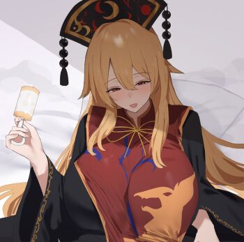 Rule 34 | 1girl, 258n, bed sheet, black dress, blonde hair, blush, breasts, dalachi (headdress), dress, hair between eyes, highres, holding, holding rattle, junko (touhou), large breasts, long hair, long sleeves, looking at viewer, parted lips, rattle, red eyes, red tabard, smile, solo, tabard, touhou, upper body