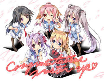 5girls ;d animal_ears blonde_hair congratulations fox_ears kurama_ayano long_hair looking_at_viewer master_up momoka_(sakura-iro_quartet) multiple_girls necktie official_art one_eye_closed open_mouth pink_hair piromizu rabbit_ears red_eyes red_necktie sakura-iro_quartet sakura_(sakura-iro_quartet) sara_(sakura-iro_quartet) short_hair smile ui_(sakura-iro_quartet) v