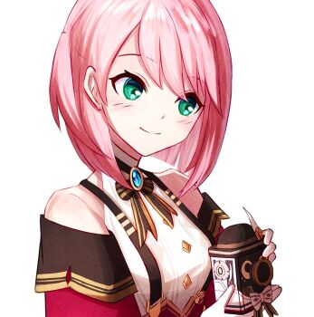 1girl bare_shoulders blush brooch camera charlotte_(genshin_impact) genshin_impact green_eyes highres holding holding_camera jewelry pink_hair shirt short_hair simple_background smile solo suspenders upper_body white_background white_shirt yoi_(a27963244)