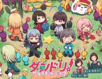 &lt;|&gt;_&lt;|&gt; 6+girls :d ^_^ afterimage anger_vein bang_dream! bang_dream!_it&#039;s_mygo!!!!! black_jumpsuit black_ribbon blonde_hair blue_eyes blue_hair blue_jumpsuit blue_pikmin blush chibi chibi_only chihaya_anon clipboard closed_eyes collared_shirt creature_on_head crossover flipped_hair flower flying_sweatdrops green_jumpsuit green_sweater grey_hair grey_jacket grey_jumpsuit hair_ribbon hazawa_tsugumi holding holding_clipboard jacket jewelry jitome jumpsuit kneeling logo_parody long_hair long_sleeves michelle_(bang_dream!) misumi_uika mitake_ran mole mole_under_eye multiple_girls necklace nintendo o_o open_clothes open_jacket open_mouth orange_jumpsuit outdoors pikmin_(creature) pikmin_(series) pink_flower pink_hair pulling purple_flower purple_pikmin red_jumpsuit red_pikmin red_shirt ribbon salute shiina_taki shirt short_hair smile sparkle squeans standing sweatdrop sweater takamatsu_tomori throwing togawa_sakiko translation_request two_side_up v-shaped_eyebrows wakaba_mutsumi waving_arm white_flower white_pikmin white_shirt yahata_umiri yellow_flower yellow_pikmin yukitake_(xuserpost)
