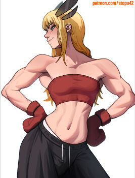 1girl alternate_costume bare_shoulders black_shorts blonde_hair blue_eyes blush boxing_gloves closed_mouth collar commentary cowboy_shot english_commentary eyelashes eyeshadow gloves hands_on_own_hips highres long_hair looking_to_the_side magik_(x-men) makeup marvel midriff muscular muscular_female navel nose patreon_username profile red_gloves red_tube_top shorts sidelocks smile solo stopu strapless tube_top x-men