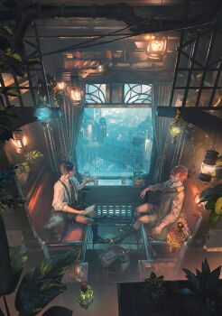 2boys alcohol black_hair black_shorts black_socks book bridge candle city cityscape coat commentary_request curtains cushion grey_coat grey_shorts highres holding holding_book indoors industrial_pipe lantern lapels liquor looking_at_another male_focus multiple_boys necktie original ozaki_imari plant pointing potted_plant profile rain red_hair scenery shoes shorts sleeves_pushed_up socks striped_necktie suitcase suspenders sweater_vest table whiskey window