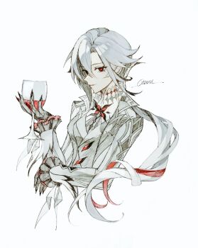 1girl alcohol arlecchino_(genshin_impact) black_eyes black_hands breasts colored_extremities cropped_torso cup drinking_glass fingernails frilled_cuffs genshin_impact grey_hair hair_between_eyes holding holding_cup jacket long_fingernails long_hair looking_at_viewer medium_breasts nail_polish osuzu0613 ponytail red_wine sideways_glance simple_background smile solo symbol-shaped_pupils upper_body white_background white_jacket wine wine_glass x-shaped_pupils