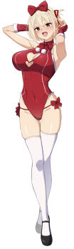 1girl :d absurdres arms_up blonde_hair blush bow bowtie breasts cleavage_cutout clothing_cutout commentary_request covered_navel crossed_legs full_body gloves hair_bow hair_ribbon heart_cutout highres kawaruhi large_breasts leotard lycoris_recoil nishikigi_chisato open_mouth red_bow red_bowtie red_eyes red_gloves red_leotard red_ribbon ribbon santa_costume short_hair simple_background skindentation smile solo standing thighhighs watson_cross white_background white_thighhighs