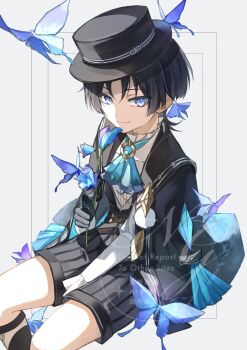 Rule 34 | 1boy, ascot, black cloak, black gloves, black hair, black hat, black shorts, black vest, blue ascot, blue eyes, blue gem, blunt ends, boater hat, brooch, bug, butterfly, cloak, closed mouth, commentary request, dated, dress shirt, feathers, flower, formal clothes, frilled shirt collar, frilled sleeves, frills, gem, genshin impact, gloves, hand between thighs, hand up, hat, highres, holding, holding flower, insect, jewelry, layered ascot, long sleeves, male focus, official alternate costume, pom pom (clothes), purple ascot, purple butterfly, purple flower, scaramouche (genshin impact), shirt, shorts, sitting, situki, smile, solo, split mouth, tsurime, twitter username, undershirt, vest, wanderer (genshin fes 2026) (genshin impact), wanderer (genshin impact), watermark, white background, white shirt, white sleeves, wispy bangs, yellow feathers