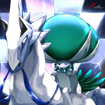 blue_eyes calyrex calyrex_(rider) closed_mouth commentary_request gen_8_pokemon glastrier highres horse legendary_pokemon nintendo numeito pokemon pokemon_(creature) pokemon_focus reins riding riding_pokemon signature