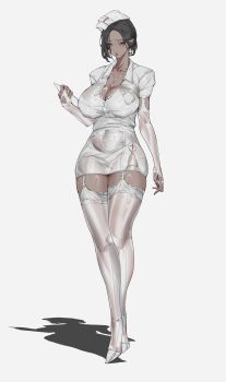Rule 34 | 1girl, absurdres, black hair, breasts, brown eyes, cleavage, covered navel, dark-skinned female, dark skin, elbow gloves, full body, garter straps, gloves, hat, high heels, highres, jewelry, large breasts, latex, looking at viewer, necklace, nurse, nurse cap, original, see-through clothes, shan3143311380, solo, standing, thighhighs, white background, white footwear, white thighhighs