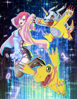 Rule 34 | 1girl, agumon, black bra, black panties, black thighhighs, blue camisole, blue eyes, bra, breasts, camisole, chibimaru-k, cleavage, cross-laced clothes, digimon, digimon (creature), digimon story: cyber sleuth, gabumon, green eyes, group picture, high heels, highres, horns, jacket, lizard, medium breasts, midair, one eye closed, open clothes, open jacket, panties, pink jacket, red eyes, red hair, side-tie panties, sideless outfit, single horn, thighhighs, twintails, underwear