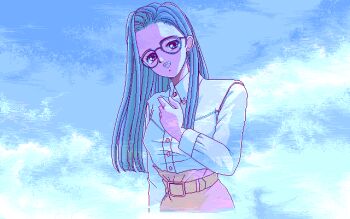 Rule 34 | 1girl, :d, belt, breasts, circle mate, clenched hand, cloud, cloudy sky, formal clothes, game cg, glasses, green hair, kirishima jun (circle mate), large breasts, long hair, miriko, open mouth, pc-98 (style), pixel art, skirt, skirt suit, sky, smile, solo, suit, transparent, upper body