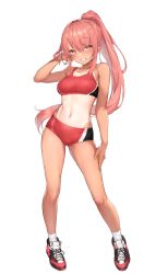 1girl adjusting_hair arm_at_side arm_up armpits bare_shoulders blush breasts clenched_teeth eyebrows_hidden_by_hair feet female_focus full_body game_cg gluteal_fold groin gym_uniform high_ponytail highres legs legs_apart looking_at_viewer medium_breasts midriff navel one_side_up original ponytail red_eyes red_hair shoes smile sneakers socks solo sports_bra sportswear standing tachi-e tan tanline teeth thighs track_uniform transparent_background waymay