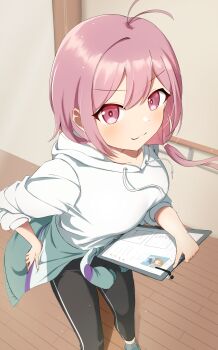 Rule 34 | 1girl, :3, absurdres, antenna hair, aqua shoes, black pants, breasts, clipboard, closed mouth, clothes around waist, from above, hair between eyes, highres, holding, holding clipboard, hood, hoodie, indoors, izumino koyume, jacket, jacket around waist, long hair, looking at viewer, low side ponytail, nanafuku, pants, paper, pink eyes, pink hair, shine post, shoes, solo, white hoodie