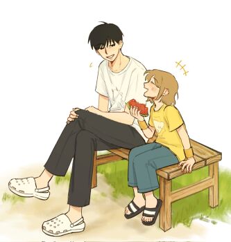 1boy 1girl bench black_eyes black_hair blonde_hair bob_cut child closed_eyes crocs crossed_legs dokjasepilogue eating food fruit full_body highres holding holding_food holding_fruit holding_watermelon kim_dokja looking_at_another omniscient_reader&#039;s_viewpoint outdoors print_shirt sandals shin_yoosung shirt short_hair sidelocks sitting t-shirt talking watermelon white_shirt yellow_shirt