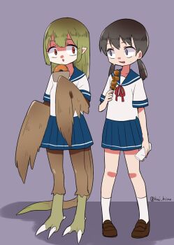 Rule 34 | 2girls, blouse, blue sailor collar, blue skirt, brown hair, claws, commentary request, donut, eating, eye contact, food, green eyes, harpy, holding, holding food, kai himo, looking at another, low twintails, monster girl, multiple girls, neck ribbon, one-hour drawing challenge, original, parted lips, pleated skirt, pointy ears, purple background, purple eyes, red eyes, red ribbon, ribbon, sailor collar, school uniform, serafuku, shaded face, shirt, short sleeves, simple background, skirt, tail, twintails, twitter username, white shirt, wide-eyed, winged arms, wings