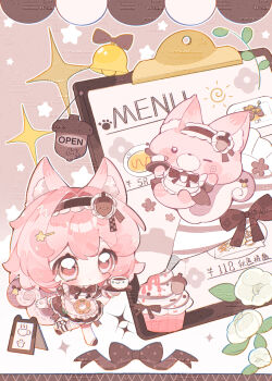1girl absurdres animal_ear_fluff animal_ears apron black_hairband blush bow bowtie brown_bow brown_bowtie brown_dress brown_shoes chibi chibi_only closed_mouth double-parted_bangs dress fox fox_ears fox_girl fox_tail frilled_apron frilled_dress frilled_hairband frills full_body hair_between_eyes hair_intakes hairband highres holding holding_tray menu original pink_eyes pink_hair price shoes short_hair short_sleeves standing standing_on_one_leg tail tray watermark white_apron yikemaohetao