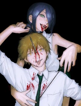 1boy 1girl black_background black_choker black_hair blonde_hair blood blood_from_mouth blood_on_clothes blood_on_face chainsaw chainsaw_man choker collared_shirt denji_(chainsaw_man) green_eyes grenade_pin hair_over_one_eye highres licking_lips looking_at_viewer machipachi1901 pull_cord reze_(chainsaw_man) sharp_teeth shirt short_hair simple_background sleeveless sleeveless_shirt teeth tongue tongue_out white_shirt