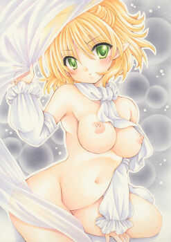 1girl arm_warmers blonde_hair blush breasts closed_mouth commentary_request cowboy_shot green_eyes grey_background half_updo marker_(medium) medium_breasts mizuhashi_parsee nipples nude pointy_ears satsuki_(gogotaru) scarf short_hair solo touhou traditional_media white_scarf