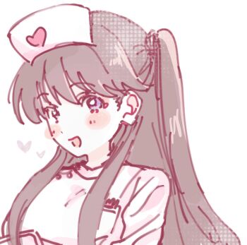 1girl :d brown_hair commentary_request dress fujishima_megumi hat heart highres link!_like!_love_live! long_hair looking_at_viewer love_live! naru_(ippan_people1) nurse nurse_cap open_mouth purple_eyes simple_background sketch smile solo two_side_up upper_body virtual_youtuber white_background white_dress white_hat