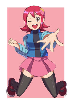 1girl absurdres black_thighhighs blue_vest brown_eyes full_body hair_ornament highres long_sleeves looking_at_viewer mayl_sakurai_(mega_man) mega_man_(series) mega_man_battle_network_(series) one_eye_closed open_mouth pink_skirt red_hair short_hair shoutaro_saito skirt smile solo thighhighs vest