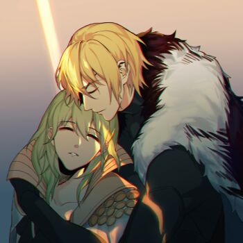 1boy 1girl black_fur black_shirt blonde_hair blue_cape cape closed_eyes closed_mouth couple dimitri_alexandre_blaiddyd dimitri_alexandre_blaiddyd_(timeskip) female_byleth_(awakened)_(fire_emblem) female_byleth_(fire_emblem) female_byleth_(enlightened_one)_(fire_emblem) fire_emblem fire_emblem:_three_houses fur-trimmed_cape fur_trim green_hair hetero highres kyounatsuuu medium_hair nintendo shirt short_hair