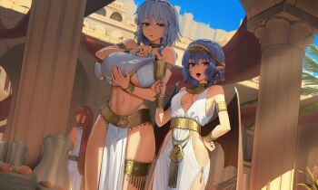 2girls absurdres alternate_costume ancient_egyptian ancient_egyptian_clothes armlet bat_wings bikini black_wings blue_eyes blue_hair braid breasts commentary_request cup earrings eye_of_horus fangs fingernails goback gold_armlet gold_collar grey_hair highres holding holding_cup holding_pitcher izayoi_sakuya jewelry large_breasts looking_at_viewer multiple_girls nail_polish open_mouth outdoors pelvic_curtain pitcher_(container) pointy_ears red_eyes red_nails remilia_scarlet sharp_fingernails short_hair sling_bikini_top small_breasts standing swimsuit touhou twin_braids usekh_collar white_bikini wings