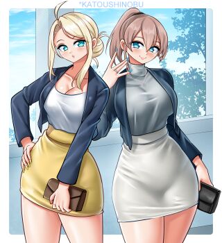 2girls \||/ absurdres adapted_costume ahoge asymmetrical_hair blonde_hair blue_eyes blue_jacket blue_nails breasts brown_hair commentary dated dress english_commentary grey_dress hair_between_eyes hand_on_own_hip highres intrepid_(kancolle) intrepid_(sasebo)_(kancolle) jacket jewelry kantai_collection katou_shinobu large_breasts long_hair long_single_sidelock looking_at_viewer multiple_girls necklace office_lady official_alternate_costume one-hour_drawing_challenge pencil_skirt ponytail ring shirt skirt smile twitter_username w wasp_(kancolle) wedding_ring white_shirt yellow_skirt