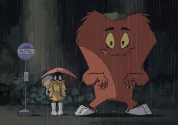 3boys animal bird commentary cosplay daffy_duck duck english_commentary gossamer_(looney_tunes) highres kusakabe_satsuki kusakabe_satsuki_(cosplay) looney_tunes lumise05 monster multiple_boys parody pig porky_pig rain red_fur sign standing studio_ghibli style_parody tonari_no_totoro toon_(style) totoro_bus_stop white_footwear