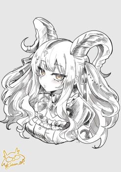 Rule 34 | 1girl, arknights, bang dream!, bang dream! it's mygo!!!!!, closed mouth, commentary, cropped torso, curled horns, english commentary, grey background, highres, horns, long hair, looking at viewer, partially colored, sidelocks, signature, simple background, sleepyowl (jobkung15), solo, togawa sakiko, togawa sakiko (master of melodia), two side up, upper body, yellow eyes