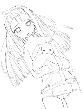 00s 1girl clothes_pull ezakishii female_focus greyscale idolmaster idolmaster_(classic) idolmaster_1 lineart long_hair lying minase_iori monochrome one-piece_swimsuit one-piece_swimsuit_pull school_swimsuit solo stuffed_animal stuffed_rabbit stuffed_toy swimsuit