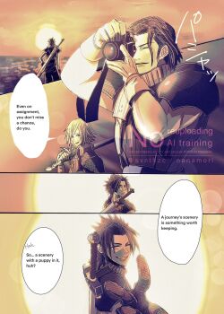 3boys angeal_hewley armor artist_name black_gloves black_hair black_pantyhose brown_hair camera closed_eyes commentary_request crisis_core:_final_fantasy_vii english_text final_fantasy final_fantasy_vii genesis_rhapsodos gloves grin hand_on_own_hip highres holding holding_camera holding_sword holding_weapon light_blush looking_at_viewer male_focus medium_hair multiple_boys nanamori_(svnthzc) ocean over_shoulder pantyhose parted_lips pauldrons sepia shoulder_armor sideburns sleeveless sleeveless_turtleneck smile spiked_hair sunset suspenders sword sword_on_back sword_over_shoulder taking_picture teeth turtleneck twitter_username v weapon weapon_on_back weapon_over_shoulder zack_fair