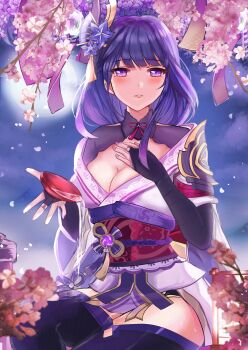 1girl absurdres armor blue_sky blunt_bangs blurry blush breasts bridal_gauntlets cherry_blossoms chocola_s cleavage clothing_cutout cup depth_of_field falling_petals fan_hair_ornament flower full_moon genshin_impact hair_ornament hashtag-only_commentary highres holding holding_cup japanese_clothes kimono large_breasts lingerie long_hair looking_at_viewer mitsudomoe_(shape) mole mole_under_eye moon moonlight neck_ribbon night off_shoulder outdoors parted_lips petals pink_petals purple_eyes purple_hair purple_kimono purple_thighhighs raiden_shogun red_ribbon red_sash ribbon sakazuki sash shoulder_armor shoulder_cutout shy sitting sky solo thick_thighs thighhighs thighs tomoe_(symbol) underwear wisteria