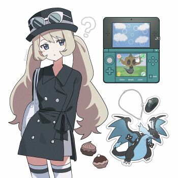 Rule 34 | 1girl, alternate color, alternate costume, alternate hairstyle, black coat, black hat, blonde hair, blue eyes, breasts, charizard, closed mouth, coat, eyewear on headwear, food, gen 1 pokemon, gen 6 pokemon, handheld game console, hat, highres, long hair, looking at viewer, mega charizard x, mega pokemon, nintendo, nintendo 3ds, oromnt, pastry, phantump, pokemon, pokemon-amie, pokemon xy, serena (pokemon), simple background, sunglasses, thighhighs, twintails, white-framed eyewear, white background, white thighhighs